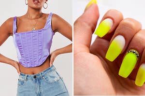 a purple corset top on the left and highlighter yellow nails on the right