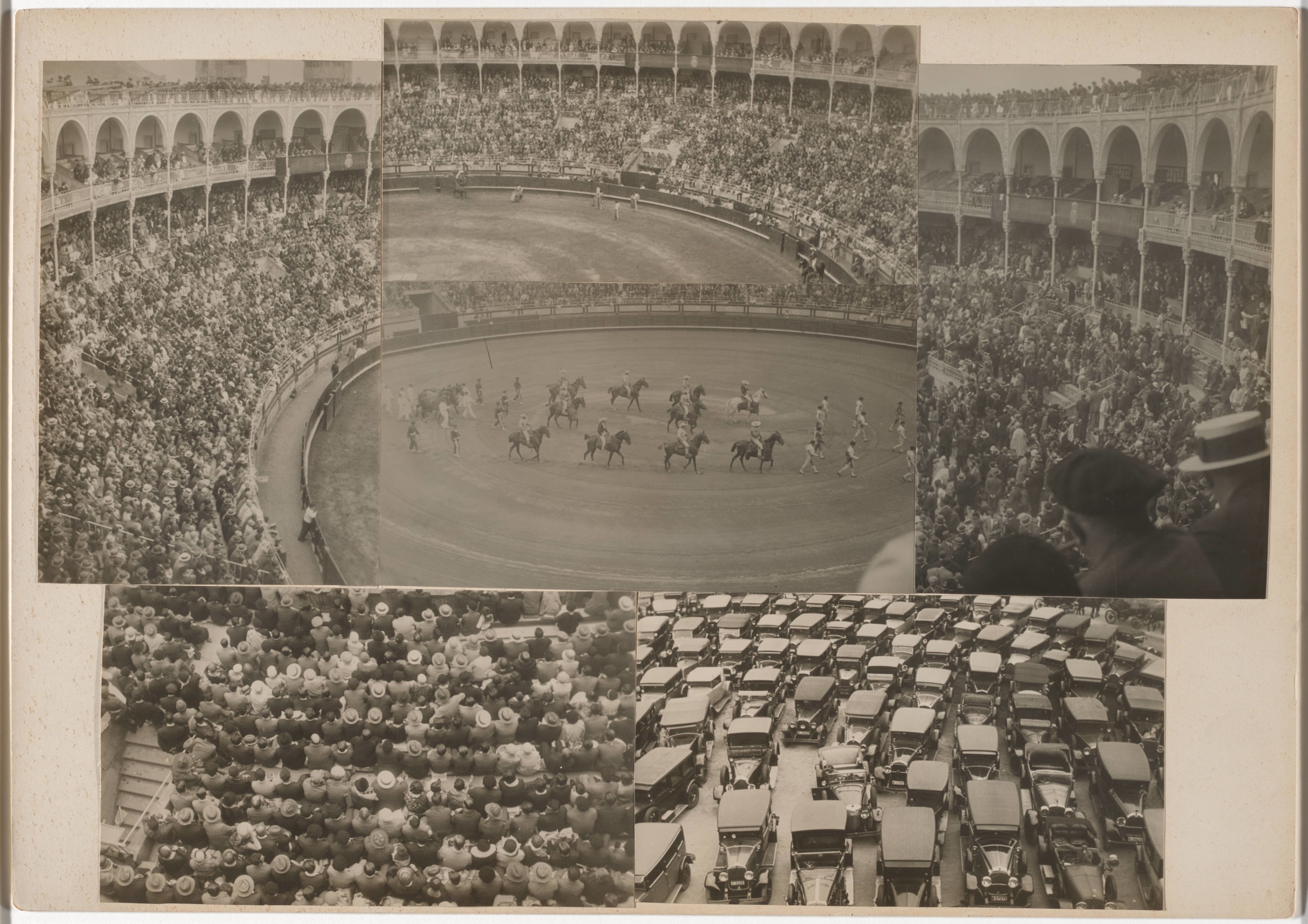 A collage of five photos which show people in the stands, a bull fight, horses and cars