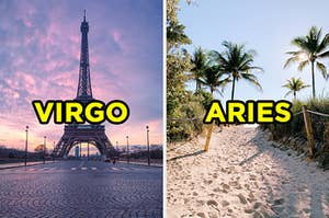 On the left, the Eiffel Tower at sunset labeled "Virgo," and on the right, a sunny day on a sandy beach with palm trees all around labeled "Aries"