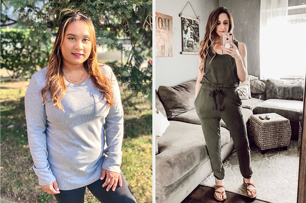 (left) Grey long-sleeved shirt (right) Green tie-waist jumpsuit
