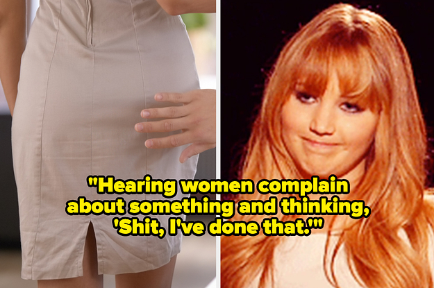 A woman looking disapprovingly at a hand grabbing a butt, captioned