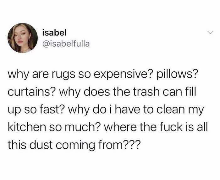 tweet about wondering why everything is always dusty