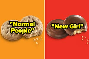Do-si-dos/Peanut Butter Sandwich labeled "Normal People" and Peanut Butter Patties/Tagalongs labeled "New Girl"