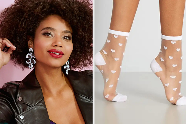 to the left: a model wearing black and white earrings, to the right: a model wearing sheer socks