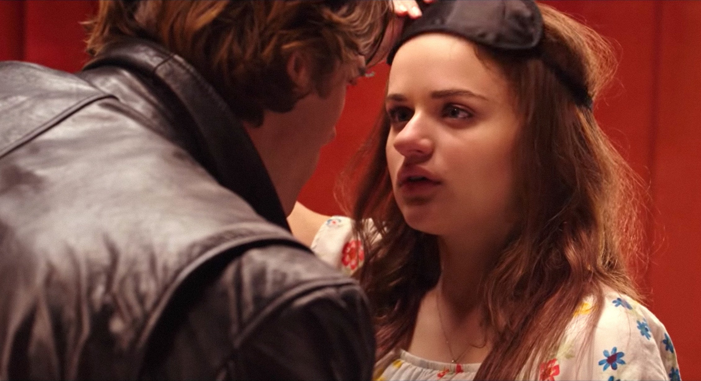 Joey King lifts a blindfold and looks surprised to see Jacob Elordi during a scene in &quot;The Kissing Booth&quot;