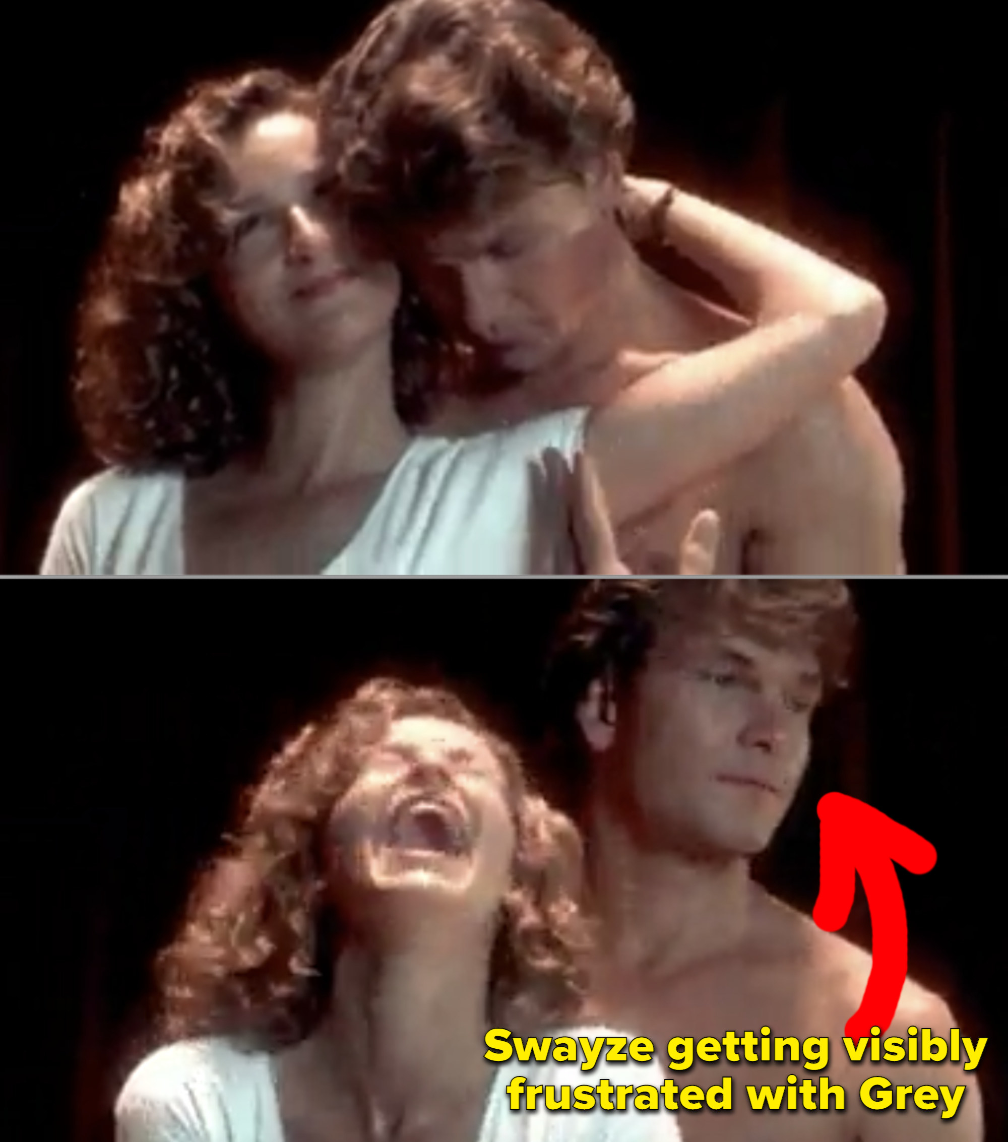 Patrick Swayze getting frustrated with Jennifer Grey during a scene