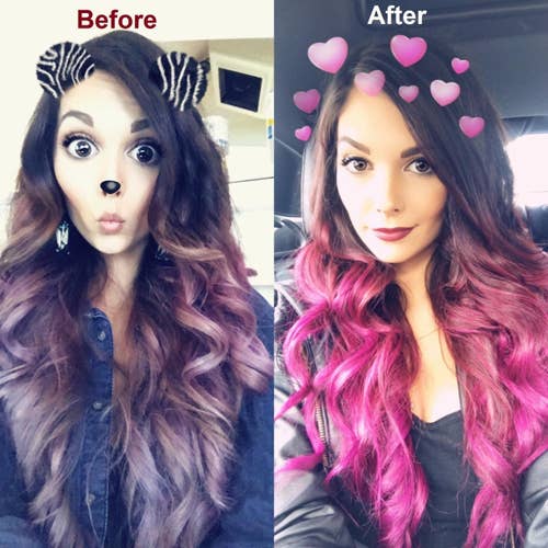 before after of reviewer with long muted purplish hair, then vibrant pink hair after using Lime Crime