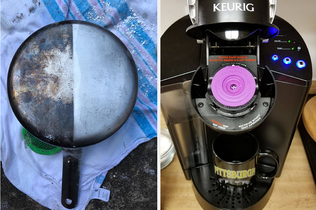 A half clean and half dirty pan and an open Keurig with a reusable K-cup inside