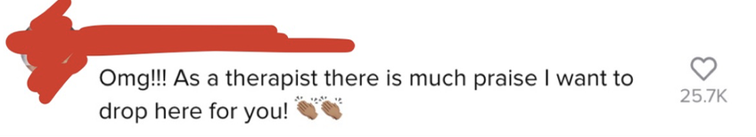 One tiktok user said, &quot;omg!!! as a therapist there is much praise I want to drop here for you! [two hand clap emojis]&quot;