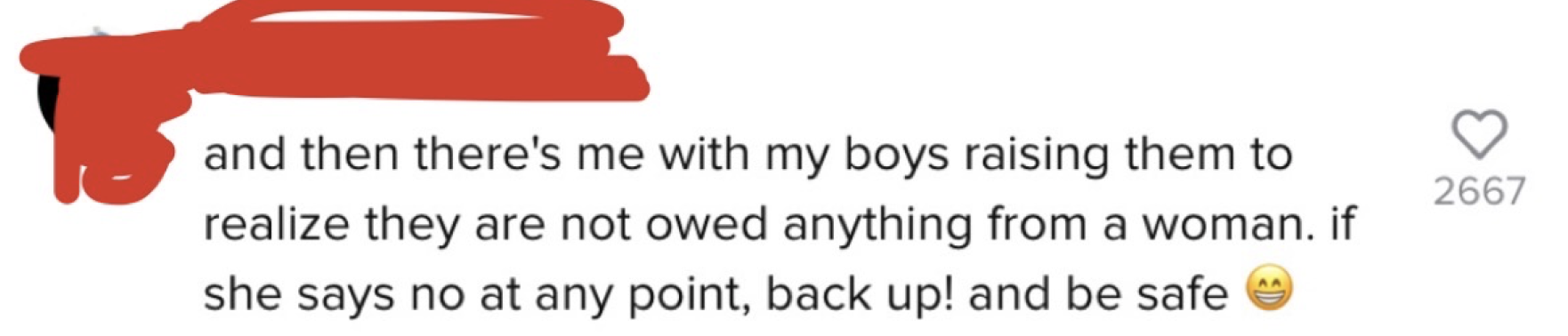 One person wrote, &quot;and then there&#x27;s me with my boys raising them to realize they are not owed anything from a woman. if she says no at any point, back up! and be safe [grinning emoji]&quot;