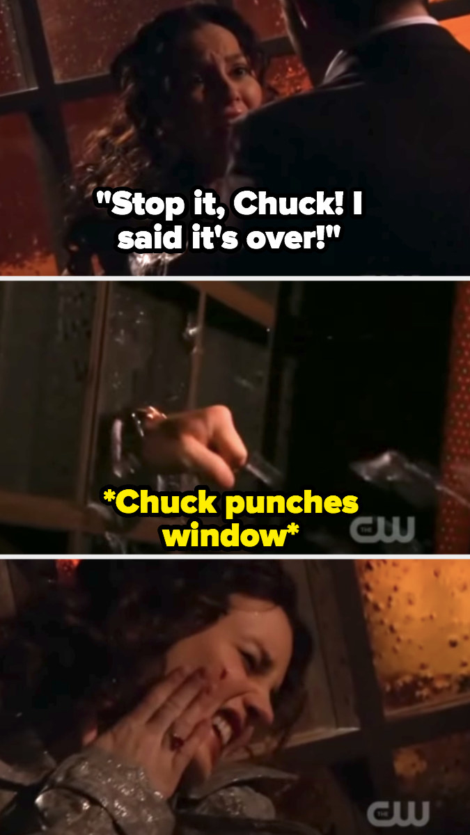 Chuck grabs Blair and punches glass window behind her