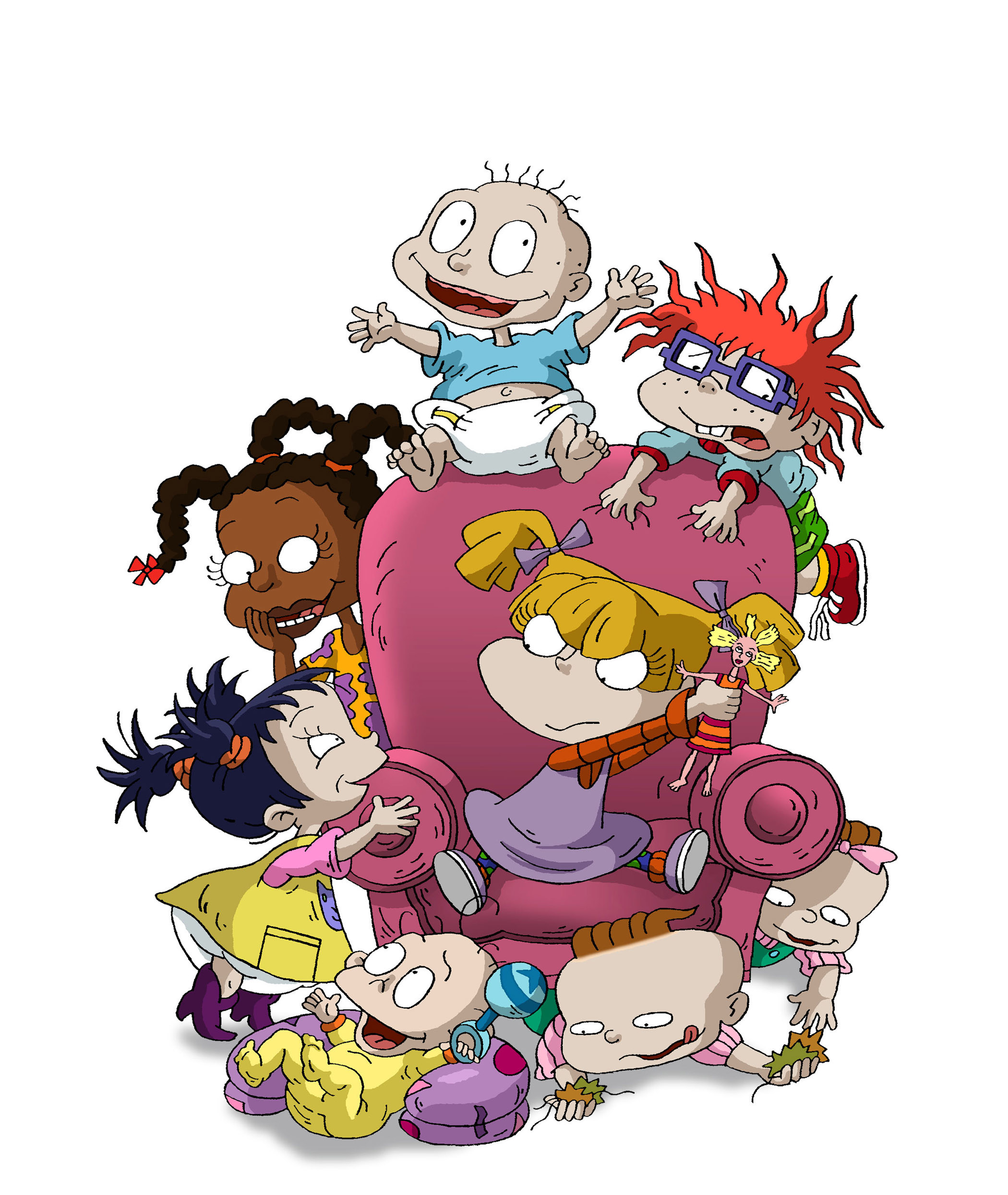 The Rugrats playing on a couch as Angelica  tries to keep her doll safe