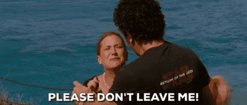 Woman clutching a man and yelling, &quot;Please don&#x27;t leave me!&quot;