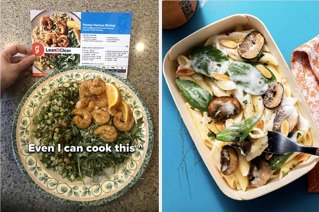 split thumb of a Harissa-Honey Shrimp recipe and a baked pasta with mushrooms