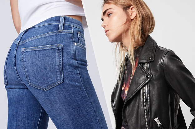 A model wearing jeans and a model wearing a black leather jacket