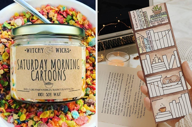 a saturday morning cartoons candle and a fill-in-yourself bookmark