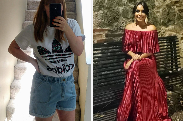 On the left, a reviewer in denim shorts. On the right, a reviewer in a red maxi dress