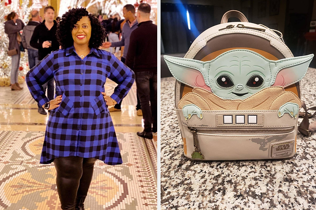 On the left, a reviewer in a blue and black plaid shirt dress. On the right, a baby yoda mini backpack