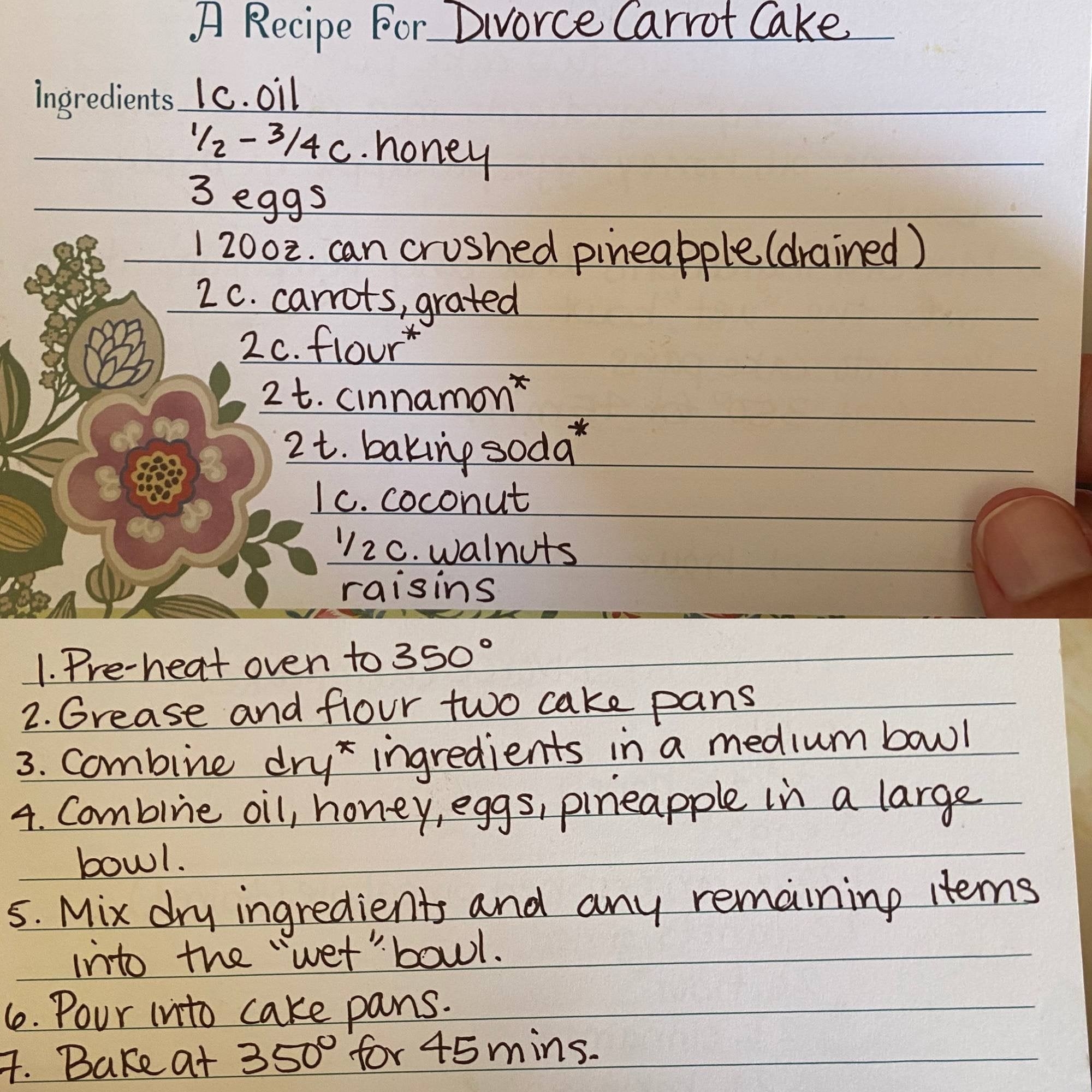 Ingredients and directions for carrot cake.