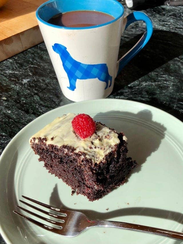 Devils food cake with a cup of coffee.