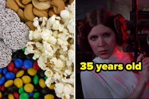 Popcorn and various candies and Carrie Fisher as Princess Leia in the "Star Wars" trilogy. 