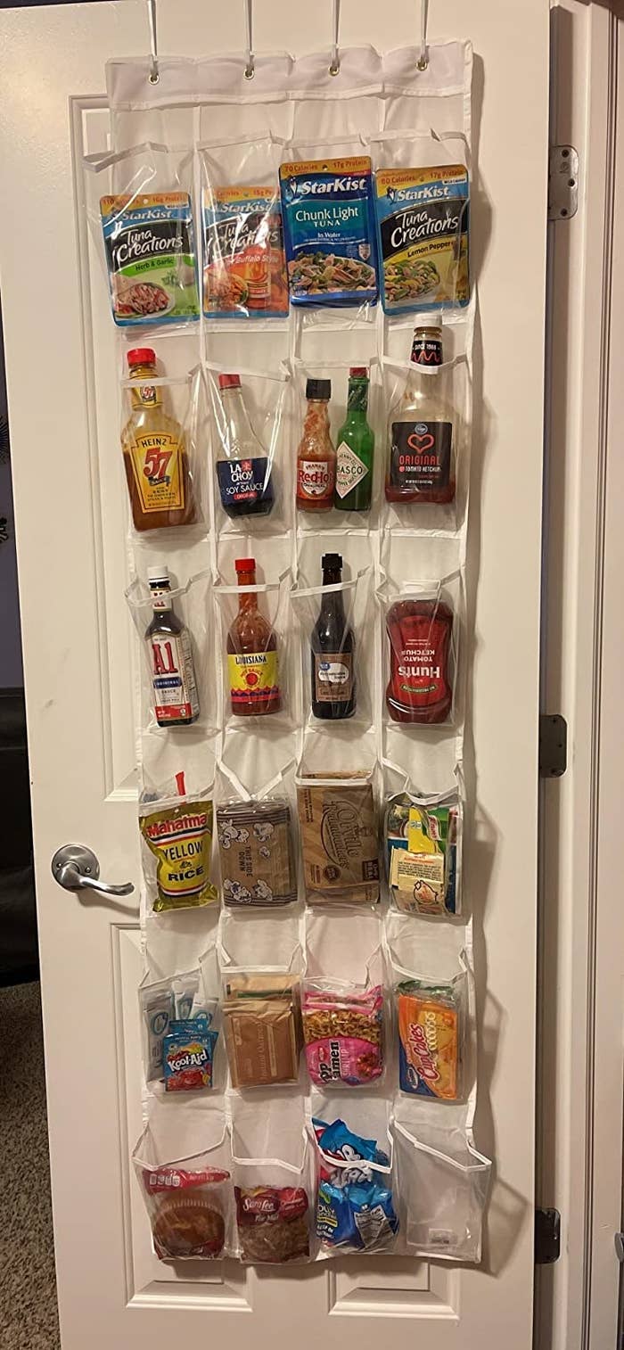 reviewer photo showing the shoe organizer filled with snacks 