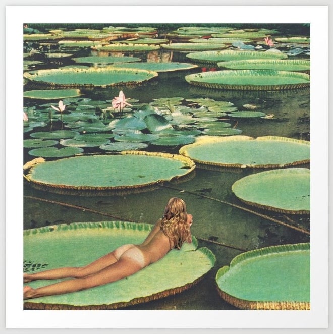A woman lying naked on a lily pad 