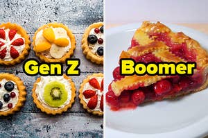 Fruit tarts labeled "Gen Z" and cherry pie labeled "Boomer"