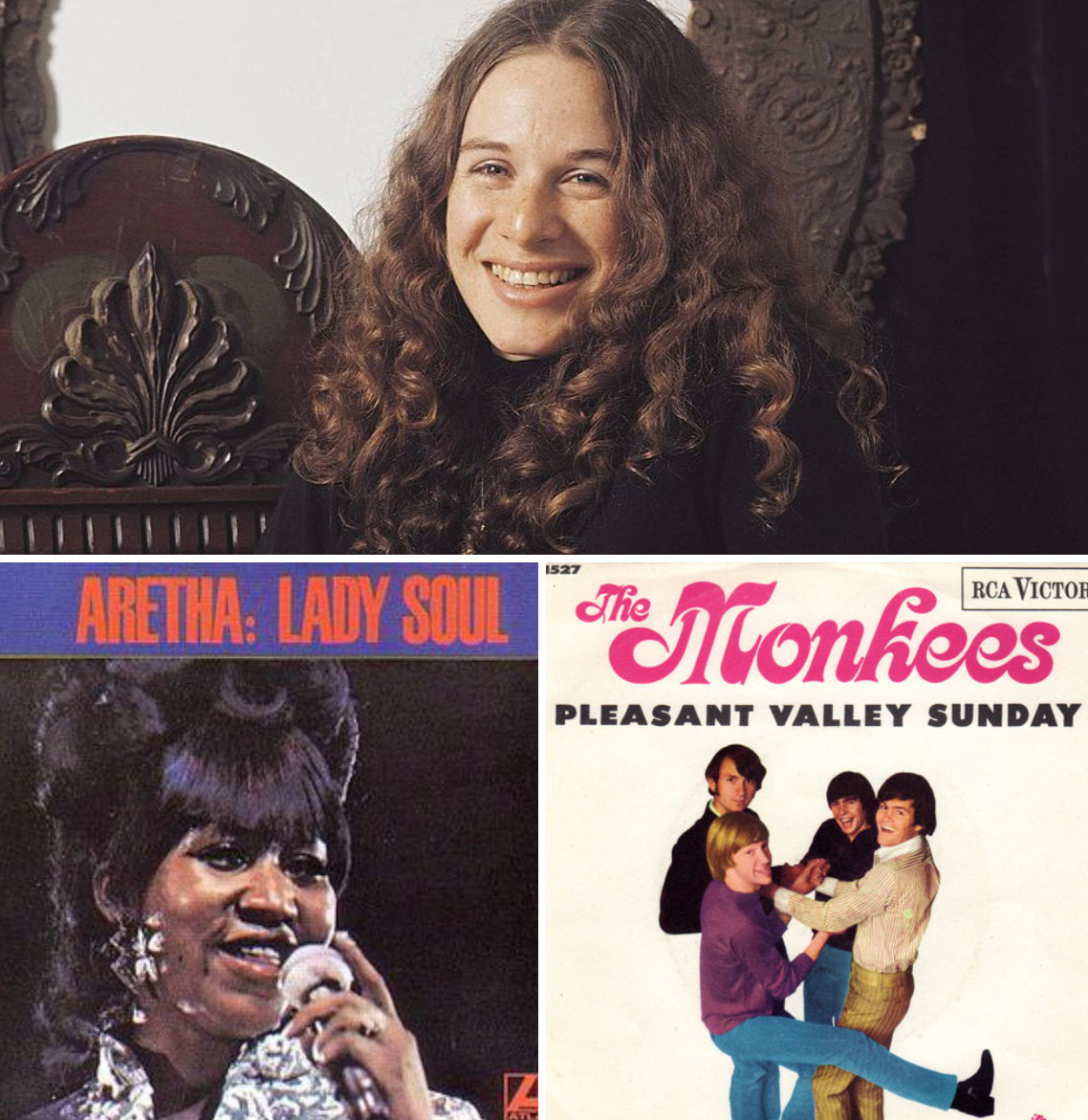 1972年，卡罗尔·金在A&M工作室为肖像摆姿势;艾瑞莎·富兰克林的专辑《Lady Soul》的封面;Monkees& # x27;他们的单曲《Pleasant Valley sunday》的封面;