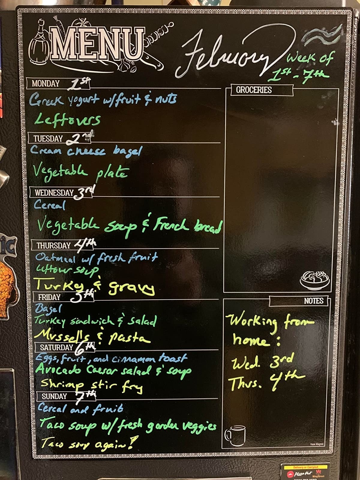 reviewer image of a magnetic Menu Board on a fridge with meals listed under each day of the week