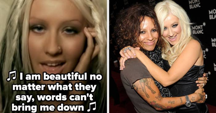 Christina Aguilera singing in the "Beautiful" music video; Linda Perry and Christina Aguilera hugging each other on a red carpet