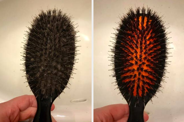 a before and after of a gross hairbrush full of hair, then totally clean