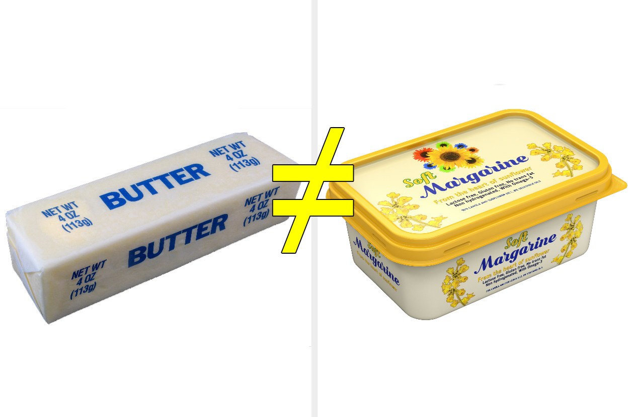 A graphic that shows butter is not equal to margarine 