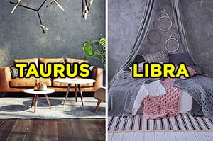 On the left, a living room with a wooden floor, rug, and a leather couch labeled "Taurus," and on the right, a modern bedroom with a bed covered in knitted blankets and throw pillows labeled "Libra"