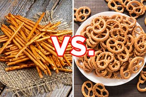 On the left, some pretzel sticks, and on the right, a bowl of pretzel twists with "vs." typed in between the two images
