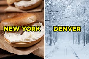 On the left, a bagel with cream cheese labeled "New York," and on the right, a snowy street surrounded by trees labeled "Denver"