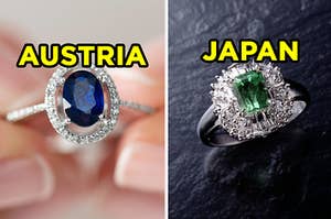 On the left, an oval sapphire ring labeled "Austria," and on the right, an emerald ring surrounded by diamonds labeled "Japan"