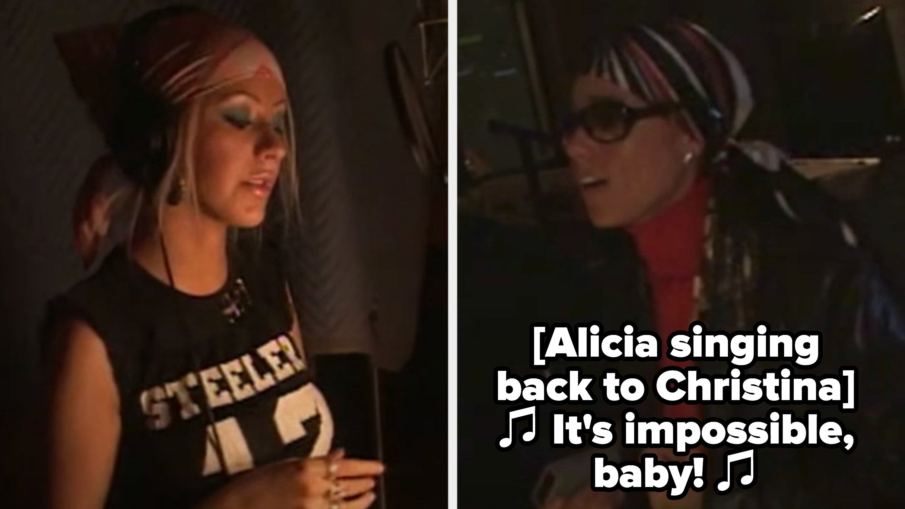 Alicia Keys producing Christina Aguilera in a music studio in the early 2000s for Aguilera&#x27;s album, &quot;Stripped&quot;