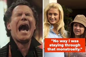Will Ferrell in "Holmes & Watson" screaming next to Paris Hilton and Christine Lakin in "The Hottie & the Nottie" with the caption: "No way I was staying through that monstrosity"