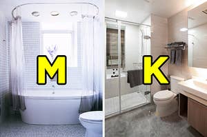 On the left, a bathtub near a window on a tile wall with a shower curtain around it and a toilet next to it labeled "M," and on the tight, a shower next to a toilet and sink labeled "K"