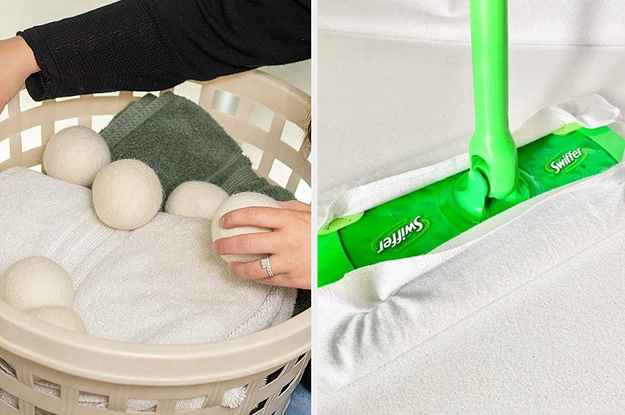 hand holding white ball in laundry basket; swiffer sweeper with white cloth tucked into it