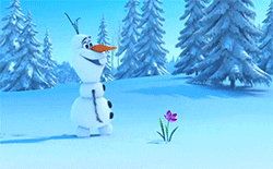 a gif of olaf discovering a flower in snow