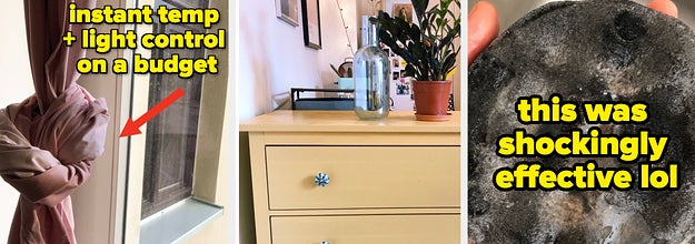 Darkening curtains; the author's dresser; a dirty vacuum filter
