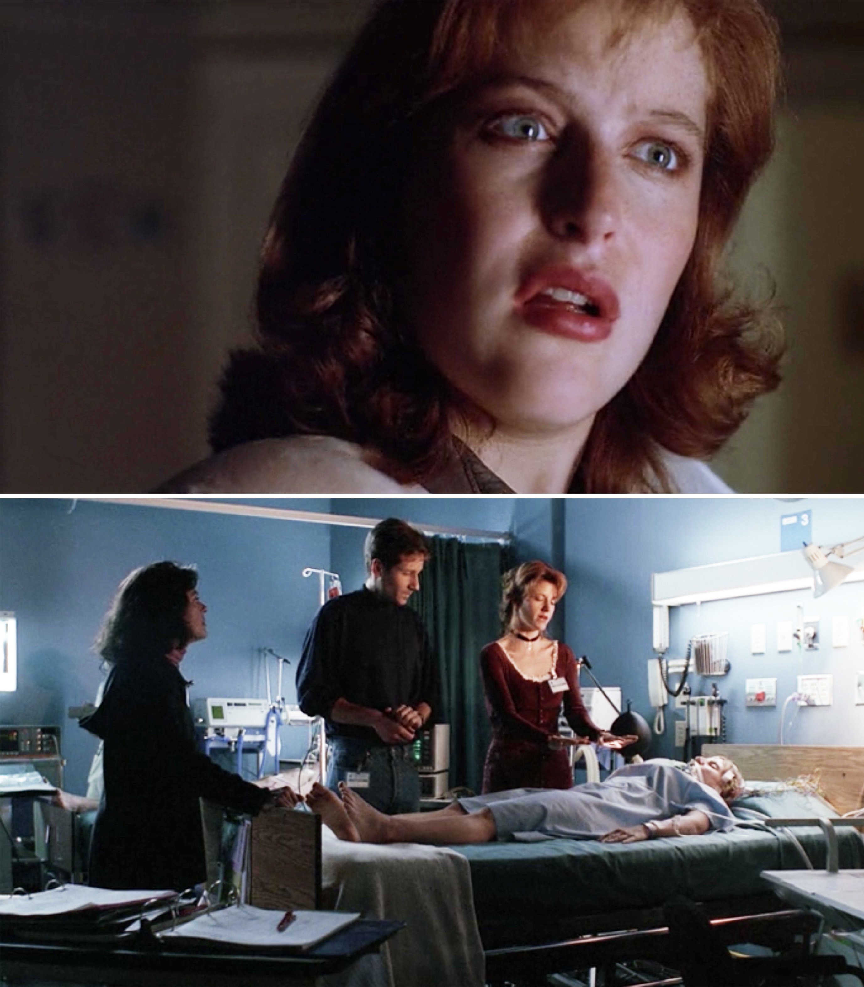 Scully looking concerned, and then Mulder looking at Scully as she lies in a hospital bed