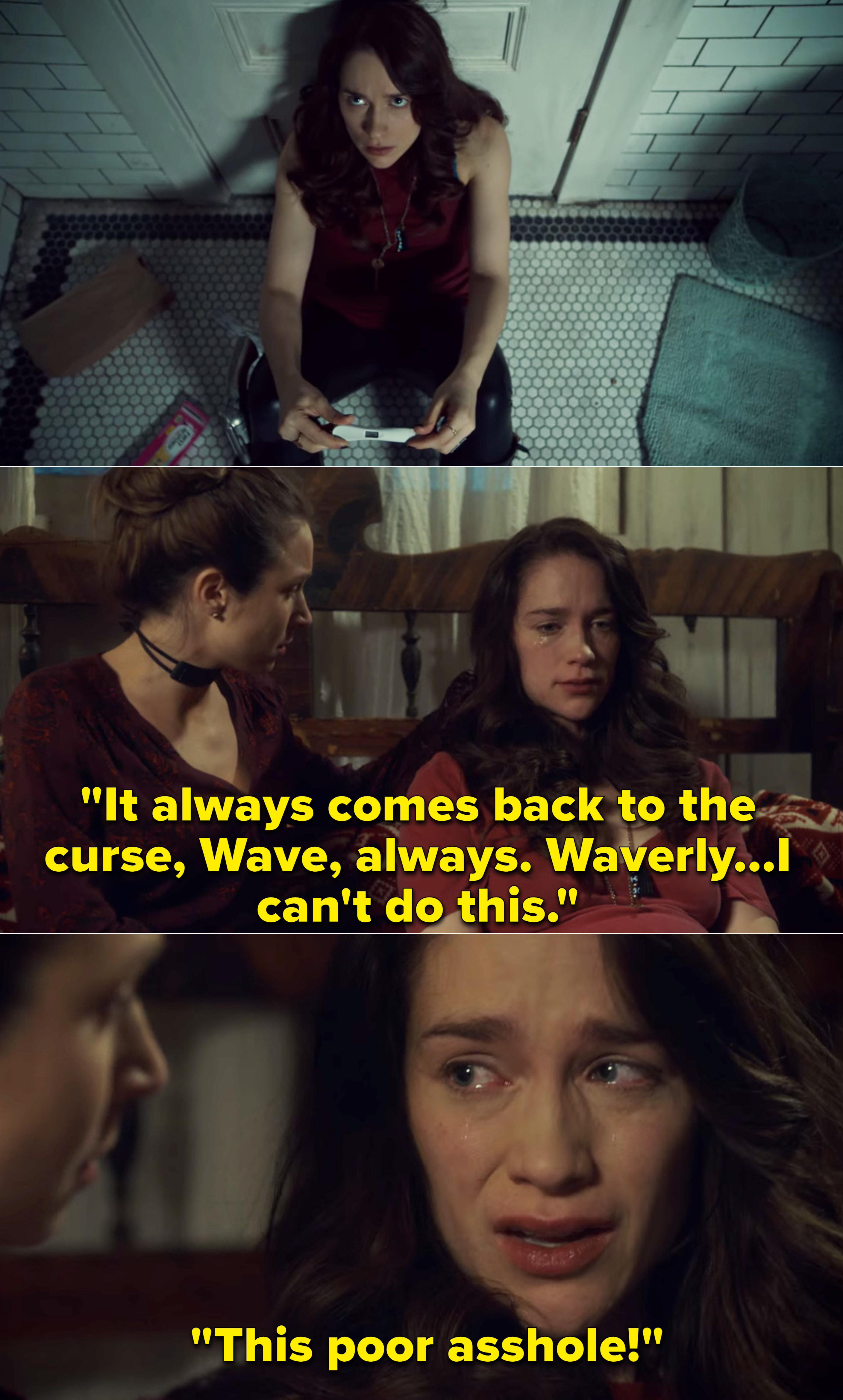 Wynonna telling Waverly, &quot;It always comes back to the curse, Wave, always. Waverly...I can&#x27;t do this. This poor asshole&quot;