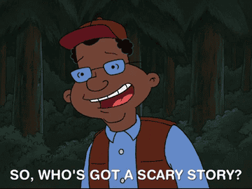 A character from Hey Arnold saying &quot;so, who&#x27;s got a scary story?&quot;