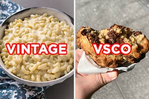 On the left, a bowl of white cheddar mac 'n' cheese labeled "vintage," and on the right, someone holding a chunky chocolate chip cookie labeled "VSCO"