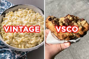 On the left, a bowl of white cheddar mac 'n' cheese labeled "vintage," and on the right, someone holding a chunky chocolate chip cookie labeled "VSCO"