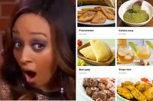 A shocked Tia Mowry next to a long list of Caribbean foods in the quiz