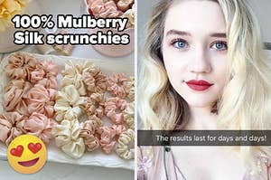 left image: various silk scrunchies, right image: buzzfeed writer maitland after styling hair with heat brush 